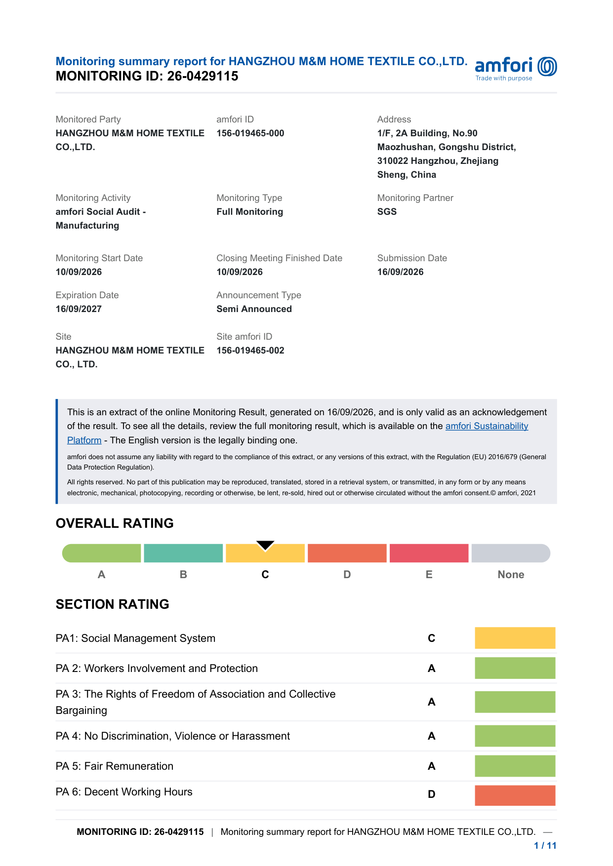 amfori BSCI monitoring summary, ID 26-0429115, audited by SGS